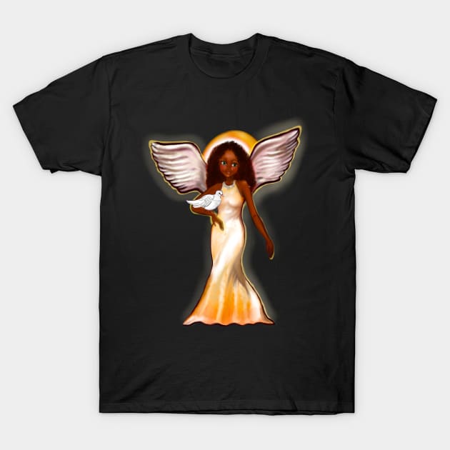 Angel with dove - Black angel of peace ! With glow, Afro hair, green eyes, Cherry pink lips and dark brown skin. Hair love ! T-Shirt by Artonmytee